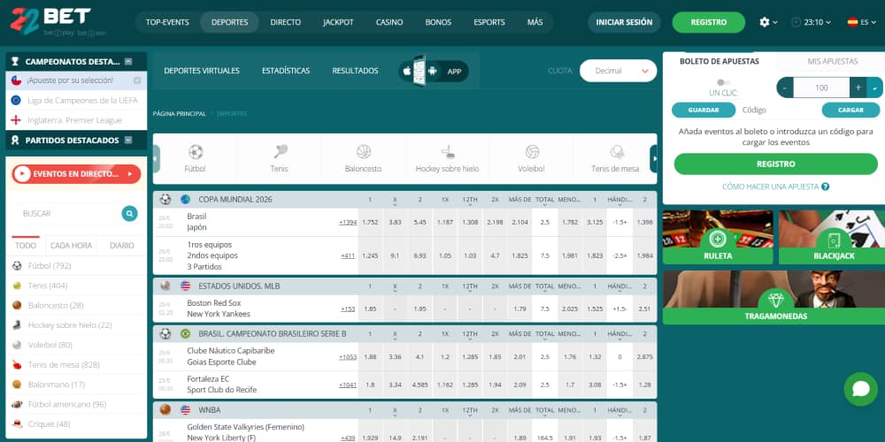 Sección de deportes del casino 22Bet