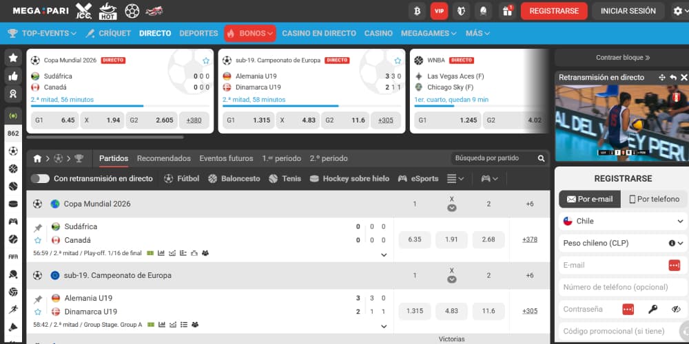 Sección de deportes del casino Megapari
